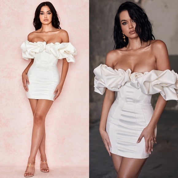 HOUSE OF CB 'Selena' Ivory Satin Ruffle Strapless Dress - Picture 3 of 13